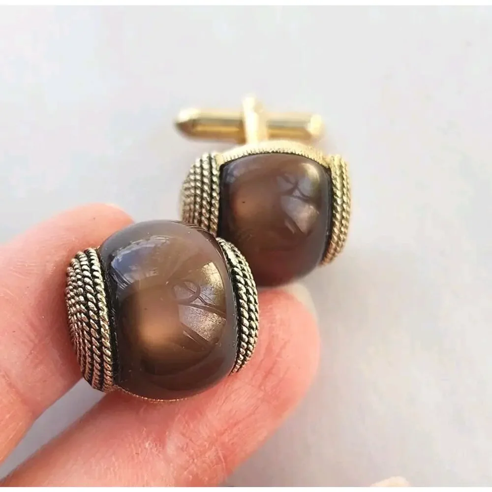 SWANK Vtg Cuff Link Vintage Cufflinks Men's Pair Men's Jewel Brown Cat's Eye New